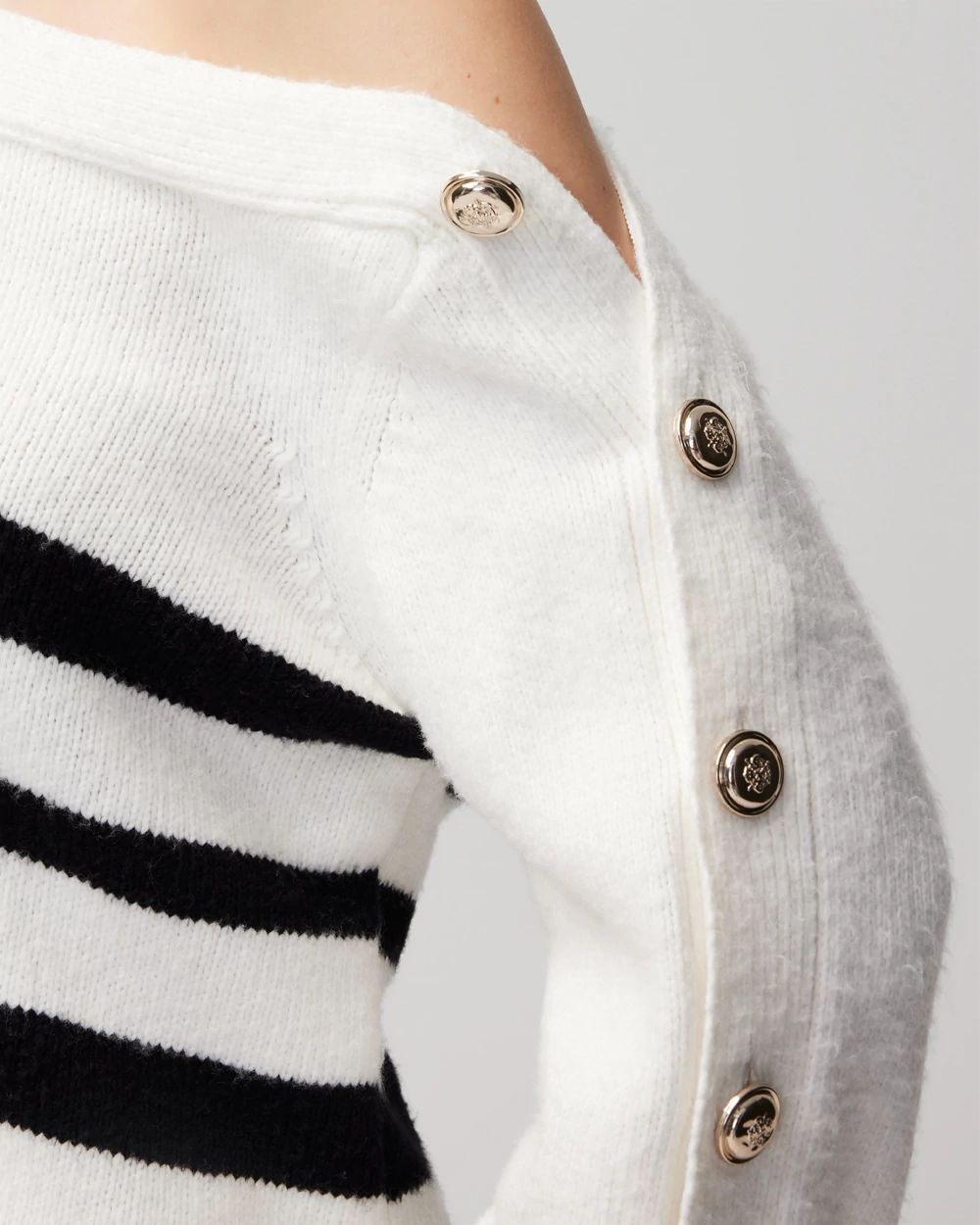 Stripe Asymmetrical Button Pullover Sweater White House Black Market
